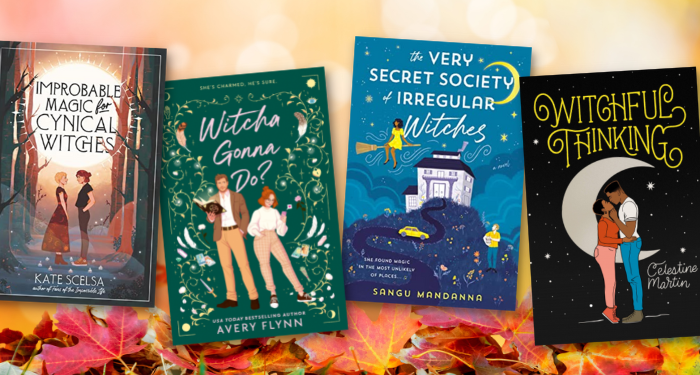 a collage of four of the witchy romance covers listed against a fall leaves background