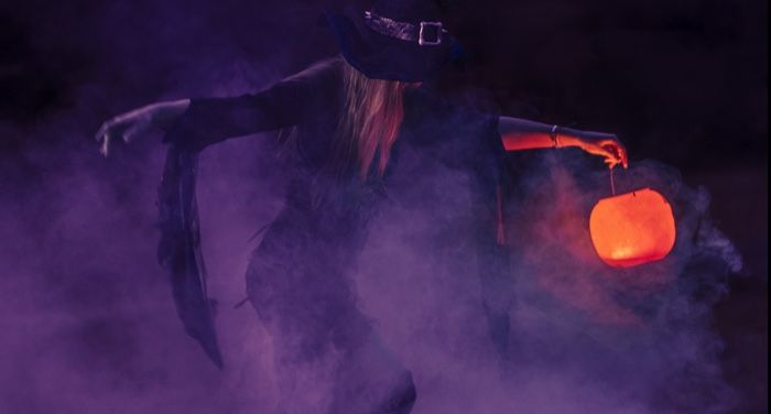 woman witch hat, purple smoke, halloween