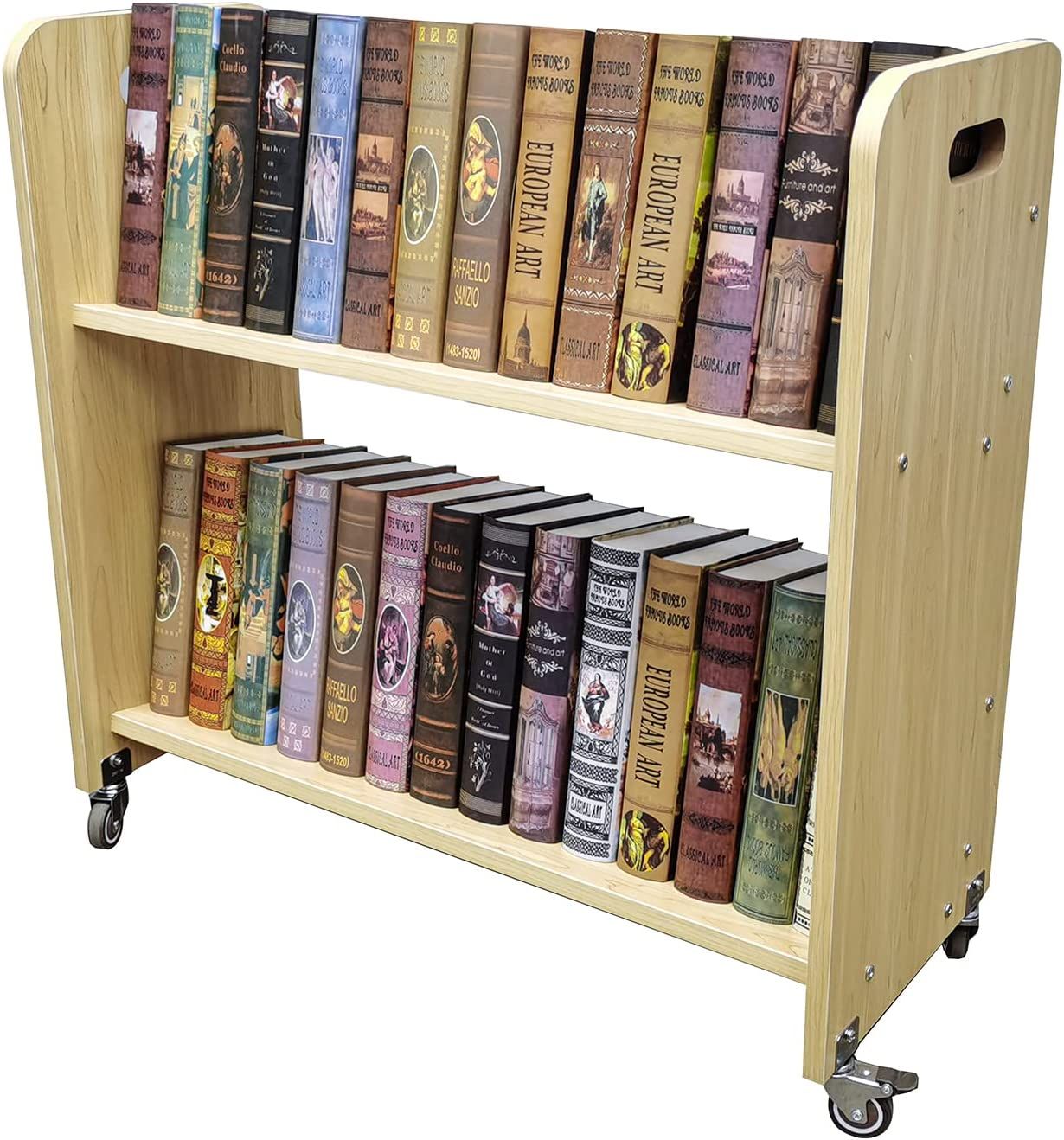 Wooden rolling book cart. 