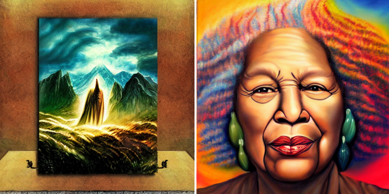 two AI-generated images. The first shows a figure on a mountain, the second a painting of a Black woman