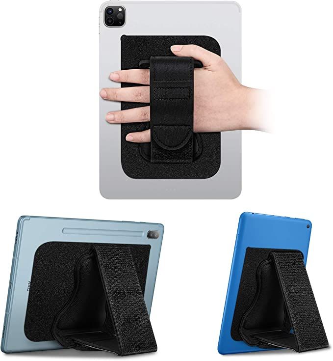 A black combination tablet stand and strap that sticks onto the back of a tablet. 