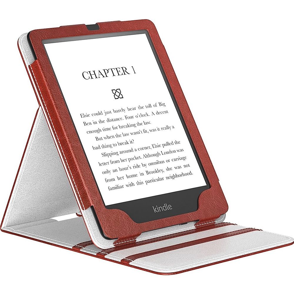 A brown flip-top ereader  cover that forms a triangular stand when open. 