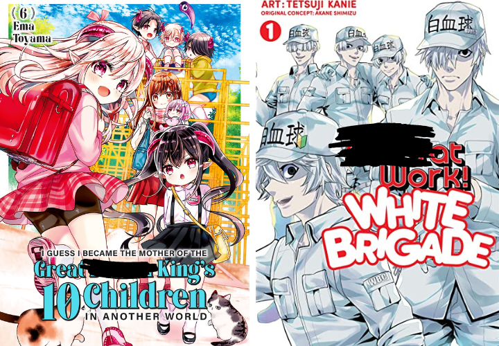 two manga covers with a word from the title blacked out