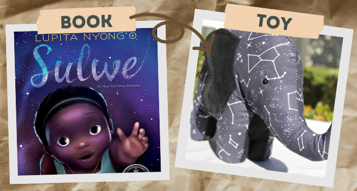 a graphic of Sulwe and a galaxy printed elephant toy