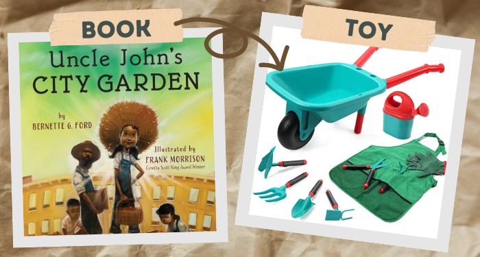a graphic of Uncle John's City Garden and toy gardening tools