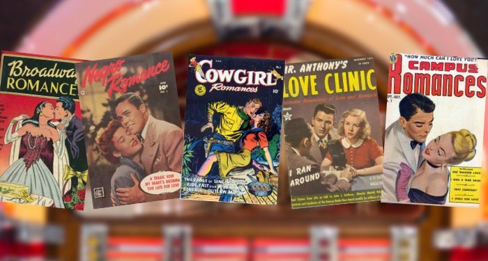 collage of five romance comics from the 1950s against a retro jukebox background