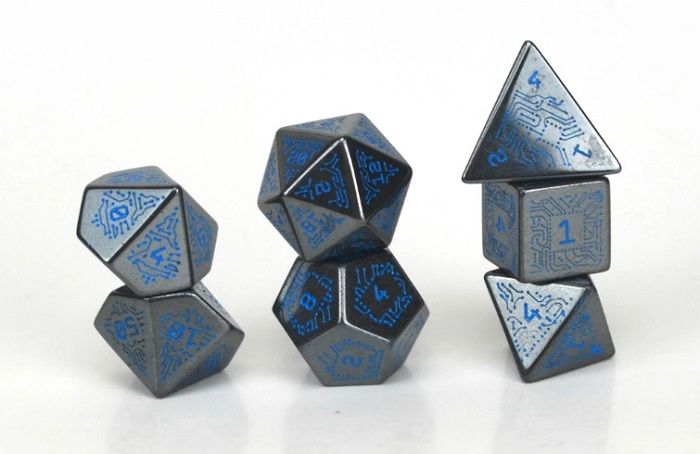 Image of dnd dice made of dark grey hematite with blue number and blue circuit board details on each panel
