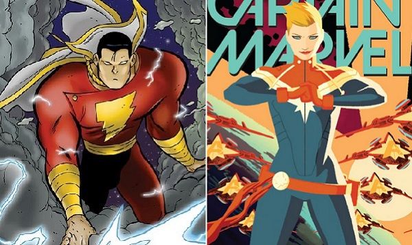 Two Images: to the left, Billy Batson as Captain Marvel. To the right, Carol Danvers as Captain Marvel.