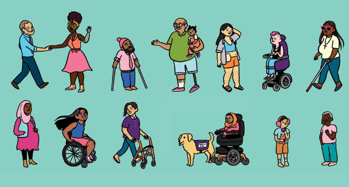 a cropped cover of Demystifying Disability, showing illustrations of disabled people, including several wheelchair users