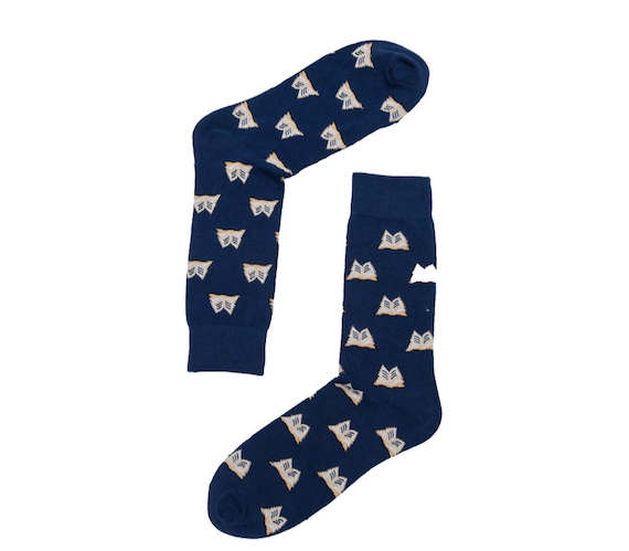Navy blue socks featuring a pattern of open books.