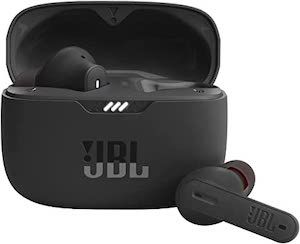 black JBL in-ear headphones and their black case