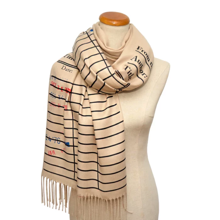 Library card scarf on mannequin