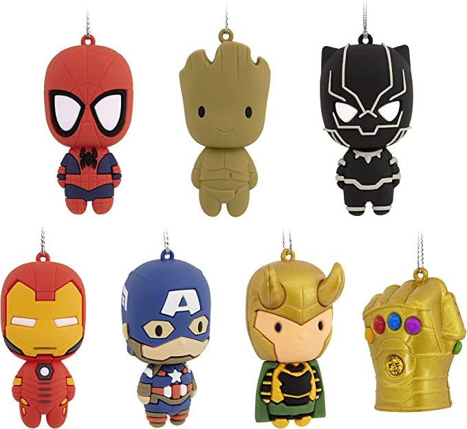 a set of Marvel characters as Christmas ornaments