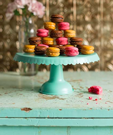 Image of a teal painted tin cake stand topped with macarons