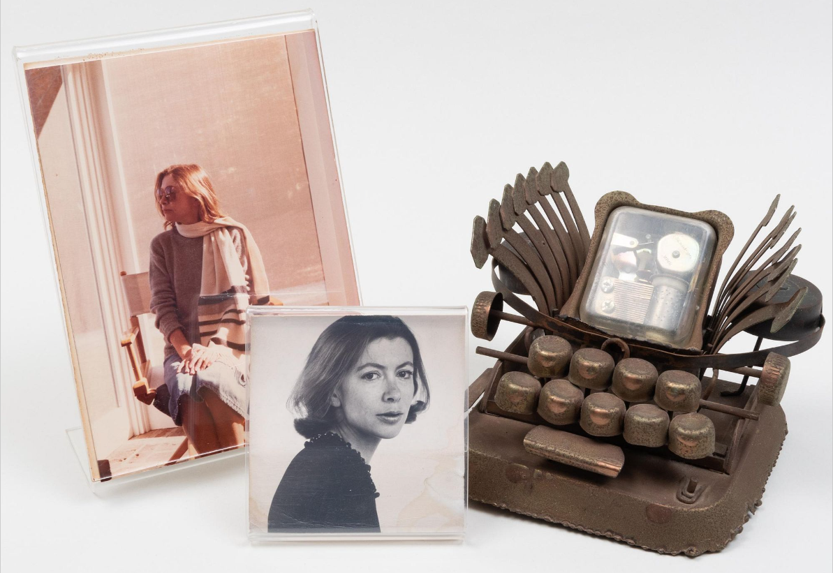 two photos of Joan Didion and a folk art tiny typewriter music box