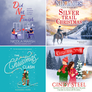 Audio book covers of Did Not Finish by Nicola Marsh, Silver Trail Christmas by Nik James, The Christmas Clash by Suzanne Park, and A Christmas Spark by Cindy Steel