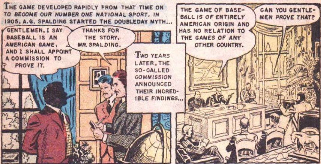 two panels of a comic showing Spalding founding a commission to prove baseball is an American sport. The text box refers to it as the "so-called commission".