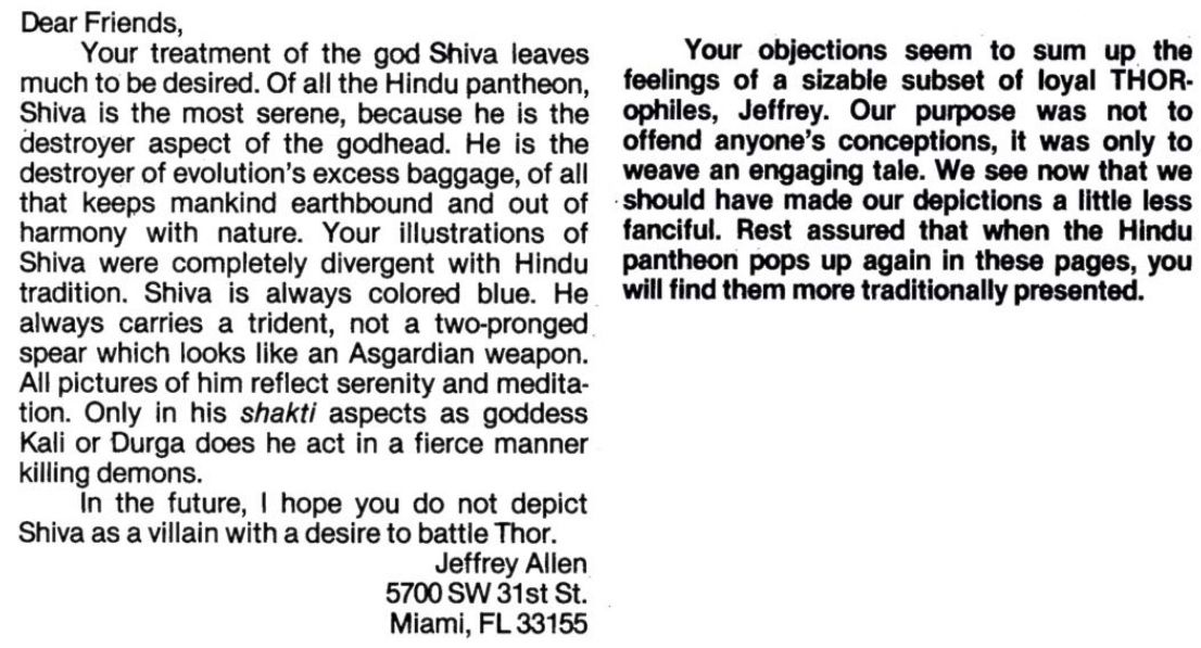 A letter complaining to Marvel about the depiction of the god Shiva. In response, The writers say they will do better in the future.