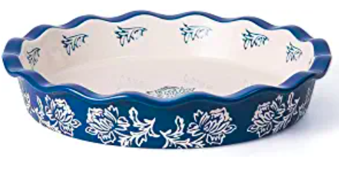 Blue fluted pie dish with white floral pattern