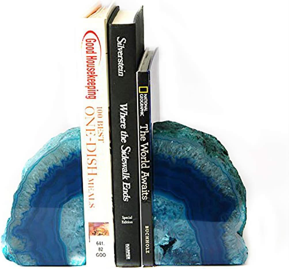 blue agate cut, polished acting as bookends for 3 books