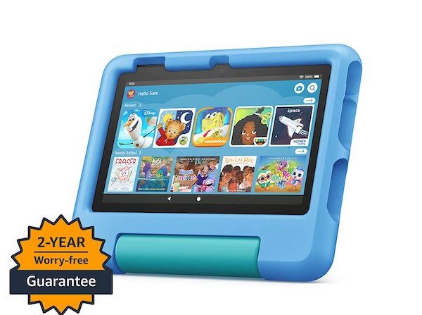 blue Amazon 7 Fire Kids Tablet positioned at an angle