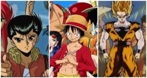 anime shonen characters from yuyu hakusho, one piece, and dragon ball z