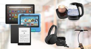 collage of items for readers on sale for Black Friday 2022, including ereaders, tablets, a reading light, headphones, and a tea kettle