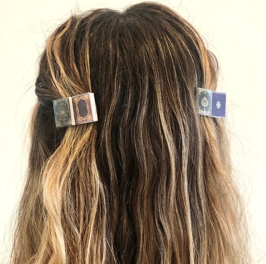 Image of light brown hair with two clips that feature books.