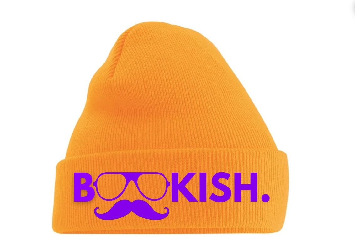 Orange beanie with purple text that says "bookish."
