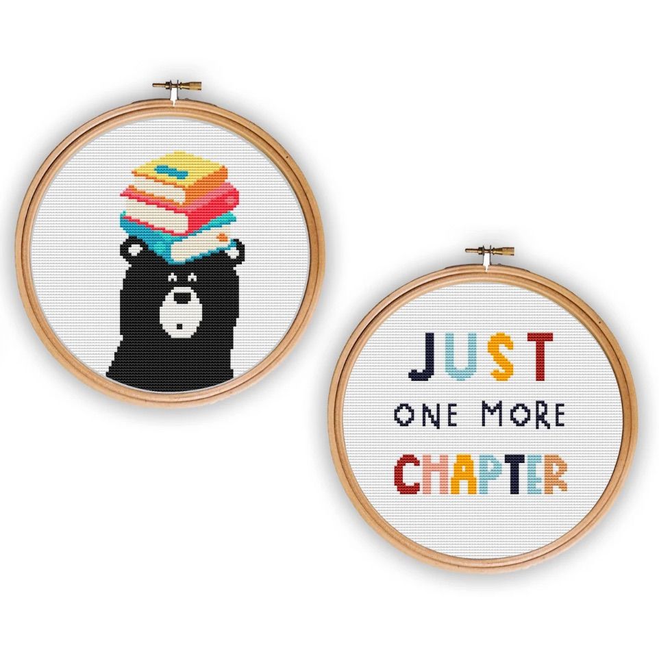 image of two bookish cross stitches. One is a bear with books on its head and the other says 