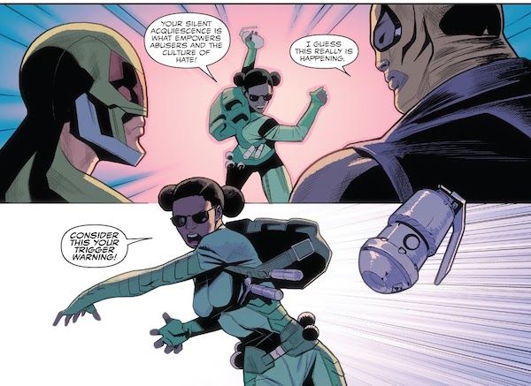 Two panels from Captain America: Sam Wilson #17.
Panel 1: One of the Bombshells, a Black woman, winds up to throw a grenade at two superheroes, Falcon and Rage.
Bombshell: Your silent acquiescence is what empowers abusers and the culture of hate!
Rage: I guess this really is happening.
Panel 2: The Bombshell throws the grenade.
Bombshell: Consider this your trigger warning!