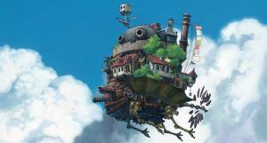 a still from Howl's Moving Castle showing the castle in the sky