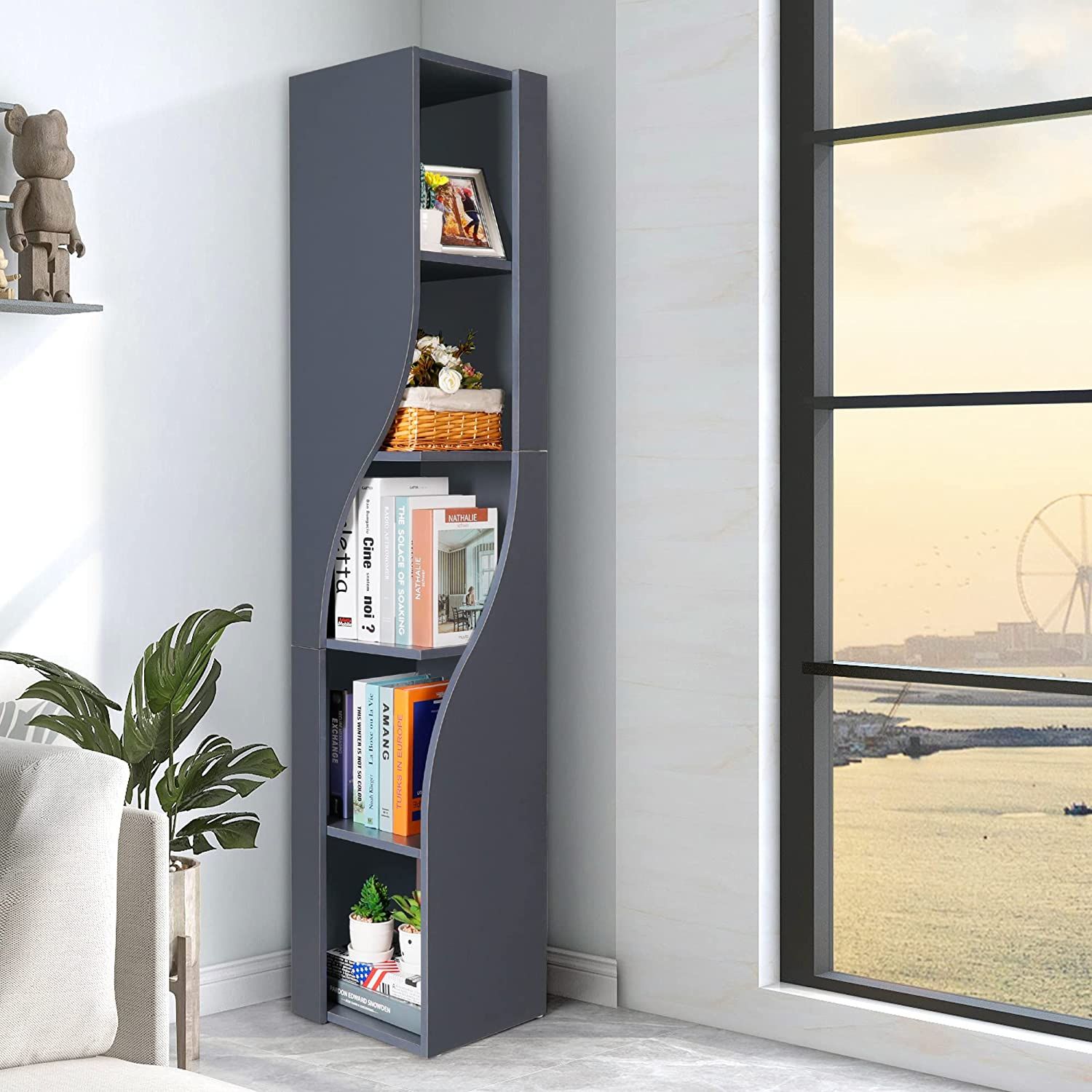 Photo of gray corner bookshelf