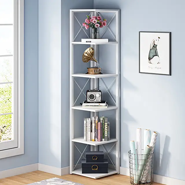 Photo of a white corner bookshelf