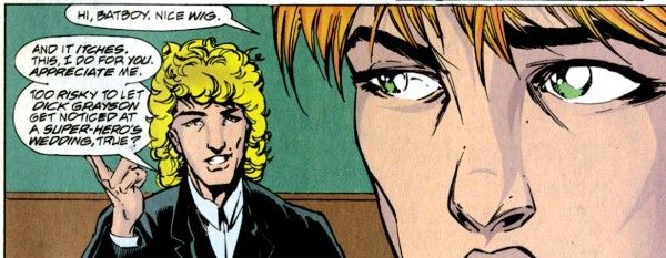 One panel from Flash #142. Wally is in the extreme foreground looking at Dick. Dick is wearing a regular suit and a ill-fitting blond curly mullet wig with some of his own hair sticking out from under it.
Wally: Hi, Batboy. Nice wig.
Dick: And it itches. This, I do for you. Appreciate me. Too risky to let Dick Grayson get noticed at a super-hero's wedding, true?