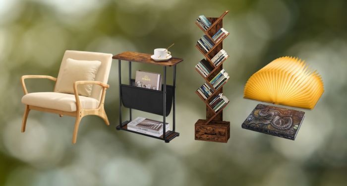 a collage of last minute gifts under $100 available on Amazon: a reading chair, a side table, a book tree shelf, and a book lamp