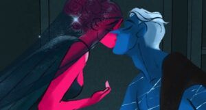 panel of two characters kissing from lore Olympus webtoon