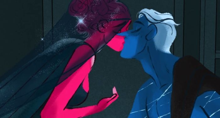 panel of two characters kissing from lore Olympus webtoon