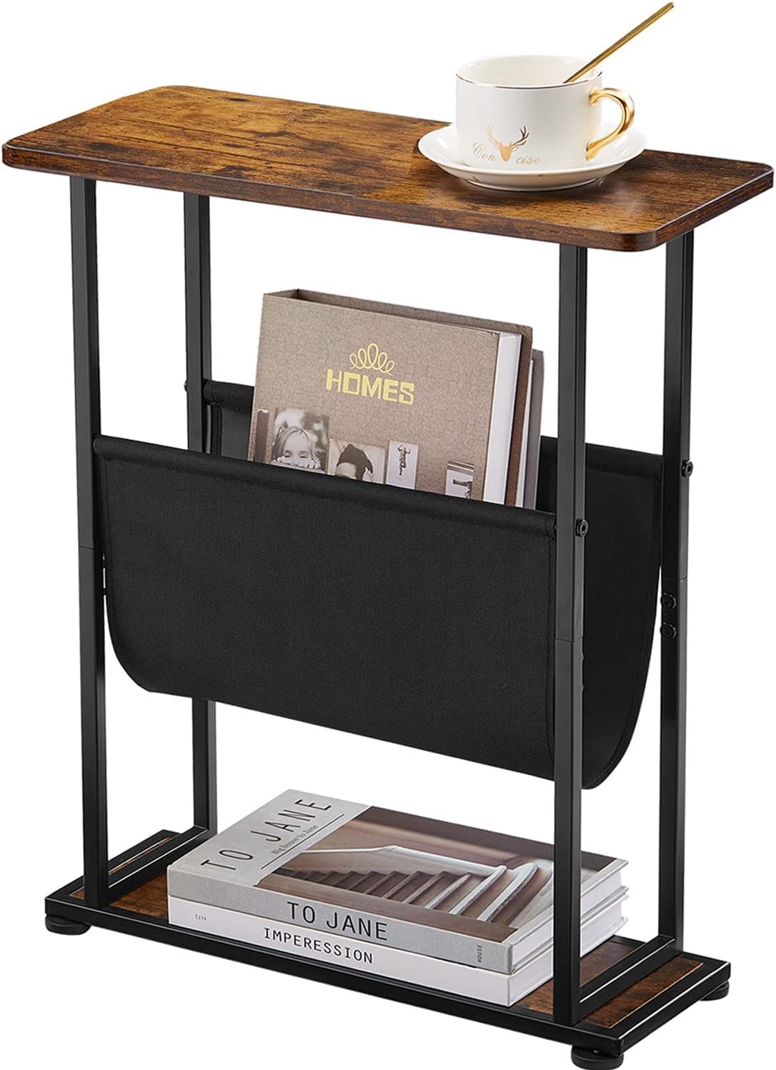 narrow end table with wooden top, black metal legs, and a canvas shelf underneath 