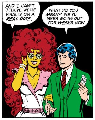 One panel from New Teen Titans #26. Starfire and Dick are walking arm in arm. Starfire is wearing a white wrap dress with a pink ruffle around the neckline and sunglasses. Dick is wearing a green three-piece suit and a red and black striped tie and holding tickets.
Starfire: And I can't believe we're finally on a real date.
Dick: What do you mean? We've been going out for weeks now.