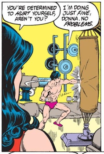 One panel from New Teen Titans #29. Dick is in a gym, hitting a punching bag. He is wearing hot pink briefs and matching ballet slippers. Wonder Girl is watching in the foreground.
Wonder Girl: You're determined to hurt yourself, aren't you?
Dick: I'm doing just fine, Donna. No problems.