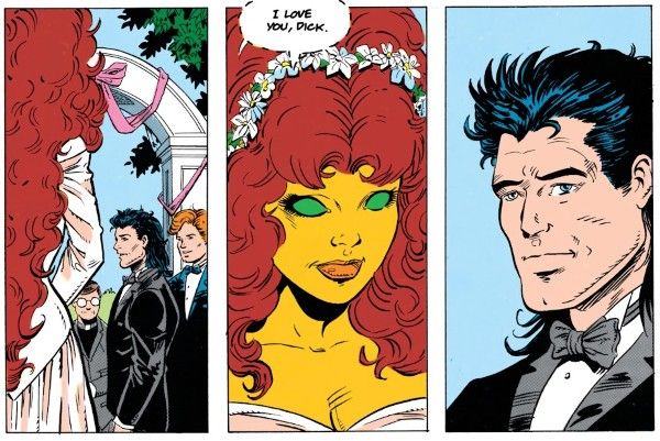 Three panels from New Titans #100. Starfire approaches Dick at the altar at their wedding. She is wearing a white gown with long sleeves. He is wearing a simple black tux. His mullet is shoulder length and extremely spiky. In panel 2, Starfire whispers "I love you, Dick."