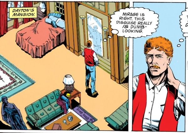 Two panels from New Titans #94. Dick is standing in a bedroom looking in a mirror. He is wearing a white button down shirt, a red vest, blue jeans, and a bright red wig and fake mustache.
Narration Box: Dayton's Mansion.
Dick (thinking): Mirage is right. This disguise really is dumb-looking.