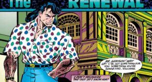 closeup of a page from Nightwing #2 (1995 series). Dick is standing in the foreground. His shirt is an oversized short sleeved white button down covered in red, blue, and green polka dots. His jeans are light blue and very tightly belted very high up on his waist. He is wearing loafers and his hair is in mullet cut that falls to his shoulders.