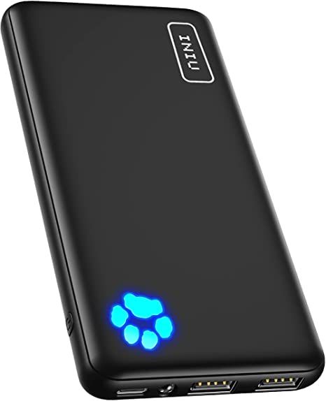 black portable battery charger with a blue paw print logo in the lower left corner