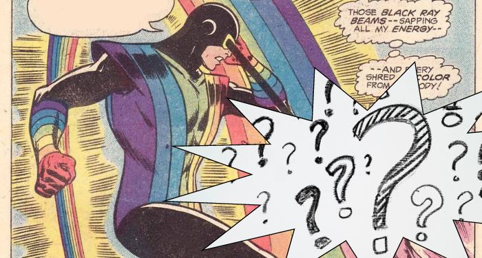 a comics panel showing the Rainbow Raider fighting an obscured superhero