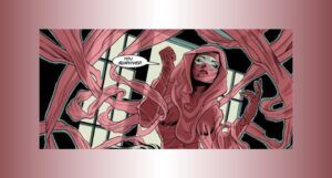 comics panel showing Sylph, a woman wrapped in translucent red cloth, against a pink and white gradient background