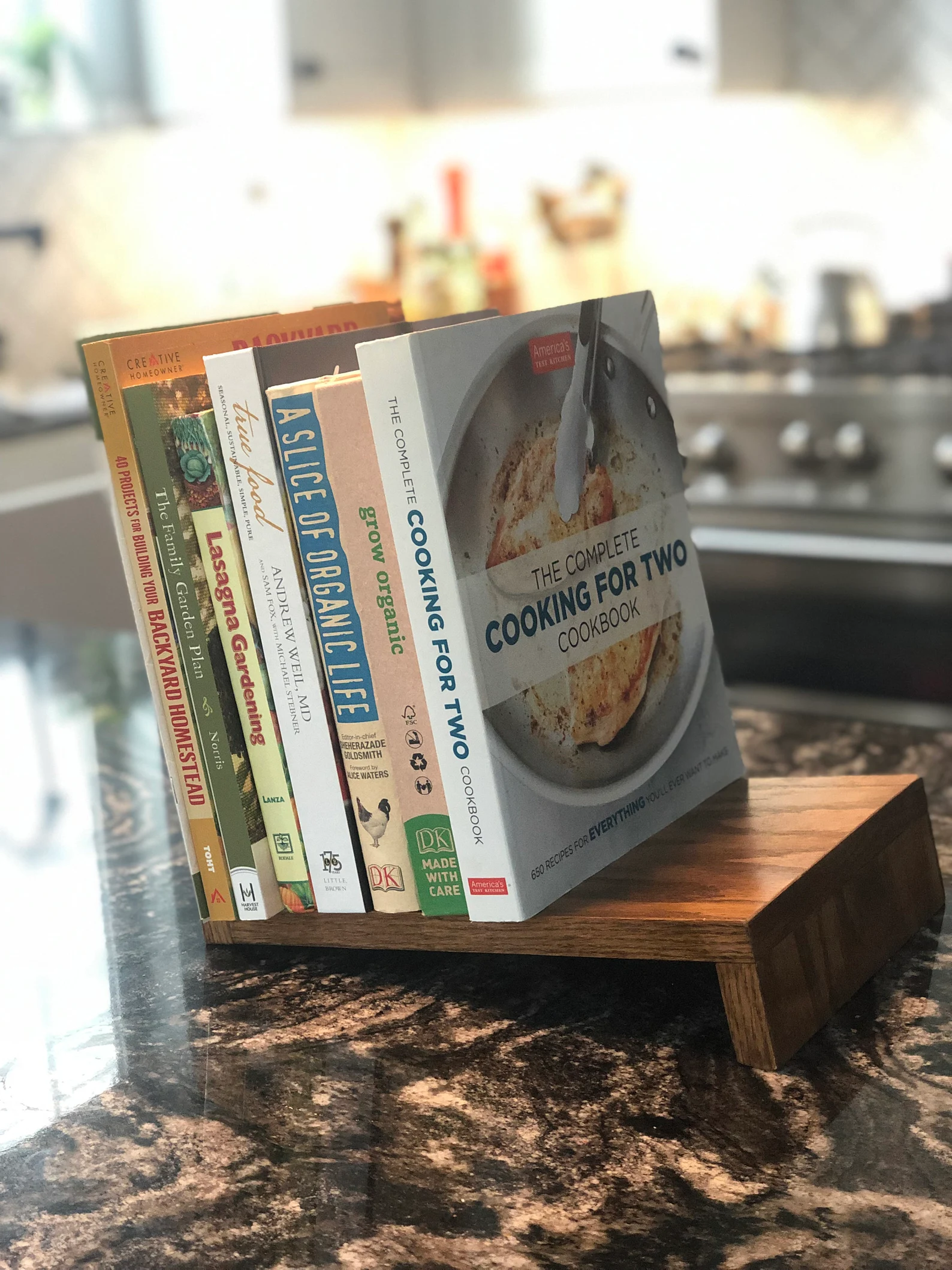 Photo of a brown wooden tabletop bookstand