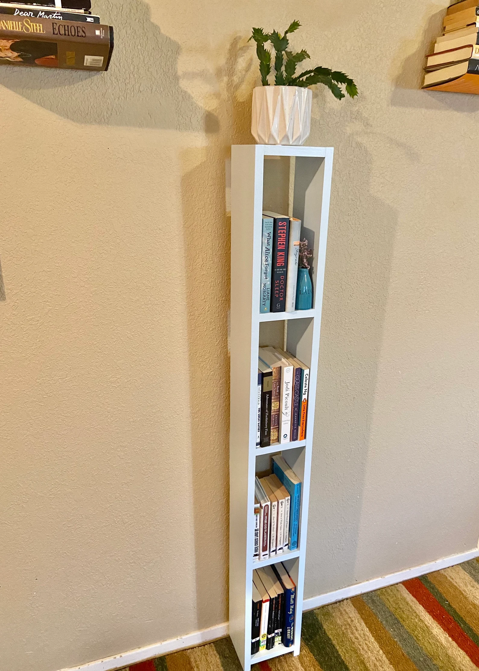 Photo of a tall, thin bookshelf