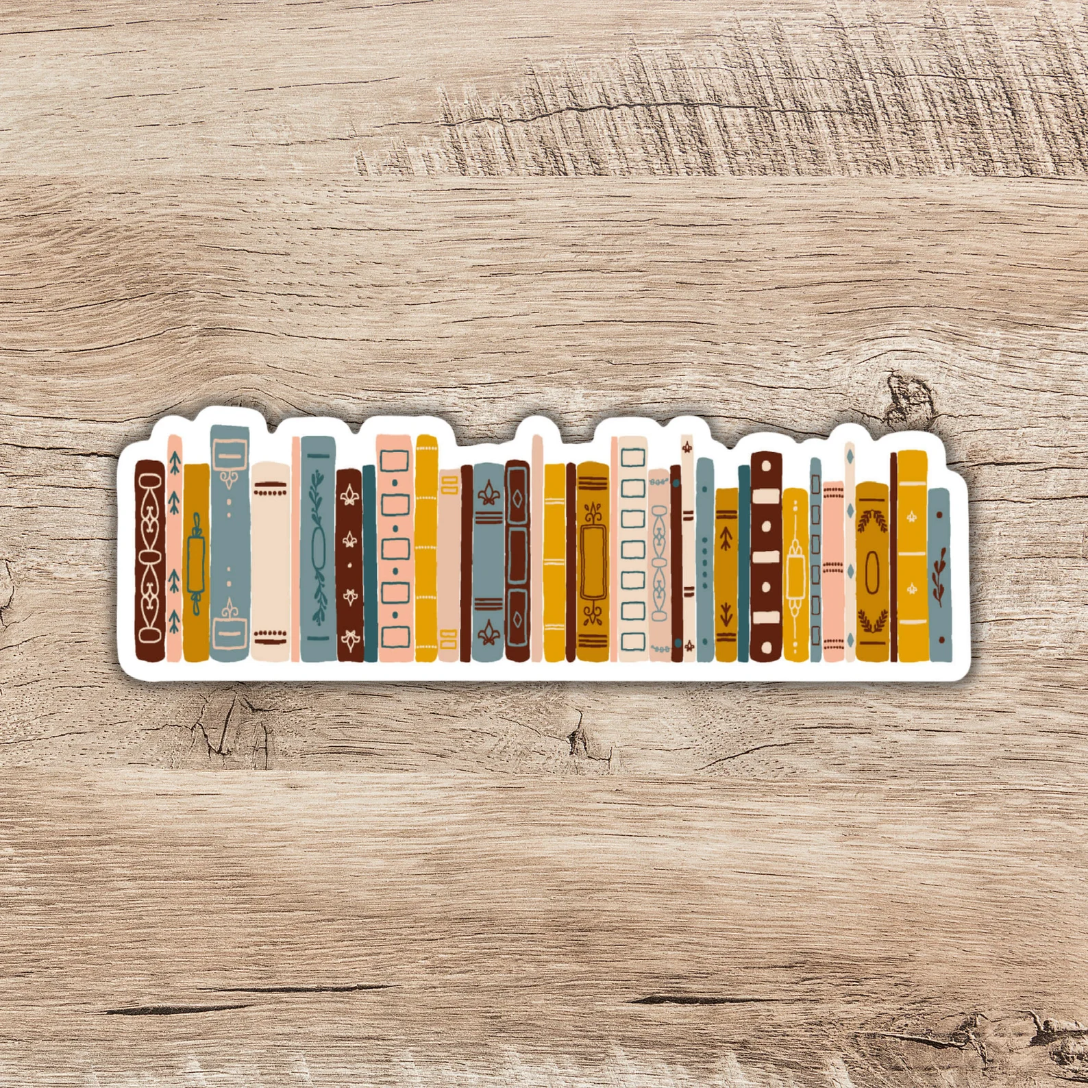 A sticker depicting a row of vintage book spines